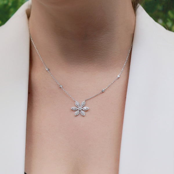 Berry's 18ct White Gold Marquise And Round Brilliant Cut Six Petal Flower Pendant - Berry's Jewellers