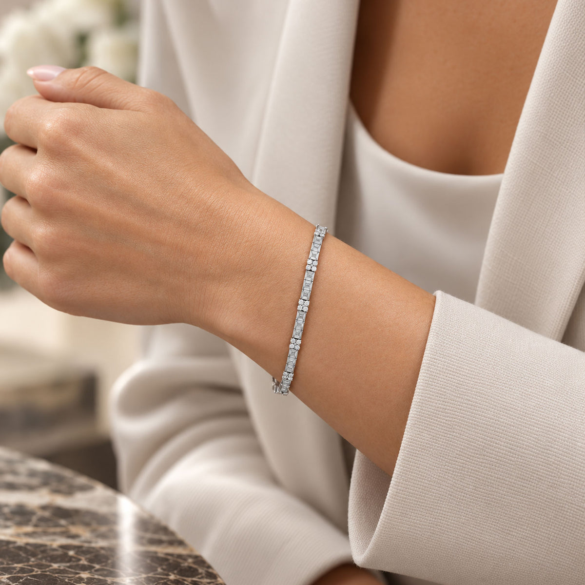 Platinum Round Brilliant and Baguette Cut Flower Diamond Bracelet