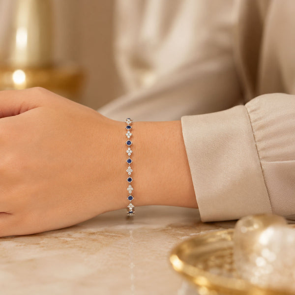 18ct White Gold Diamond And Sapphire Flower Tennis Bracelet