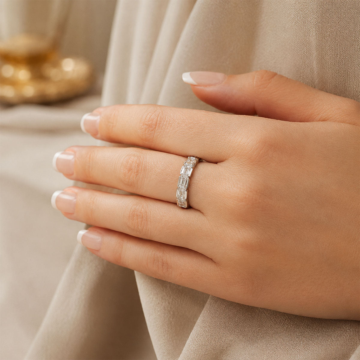 Platinum Emerald Cut Diamond Rub Over Half Eternity Ring