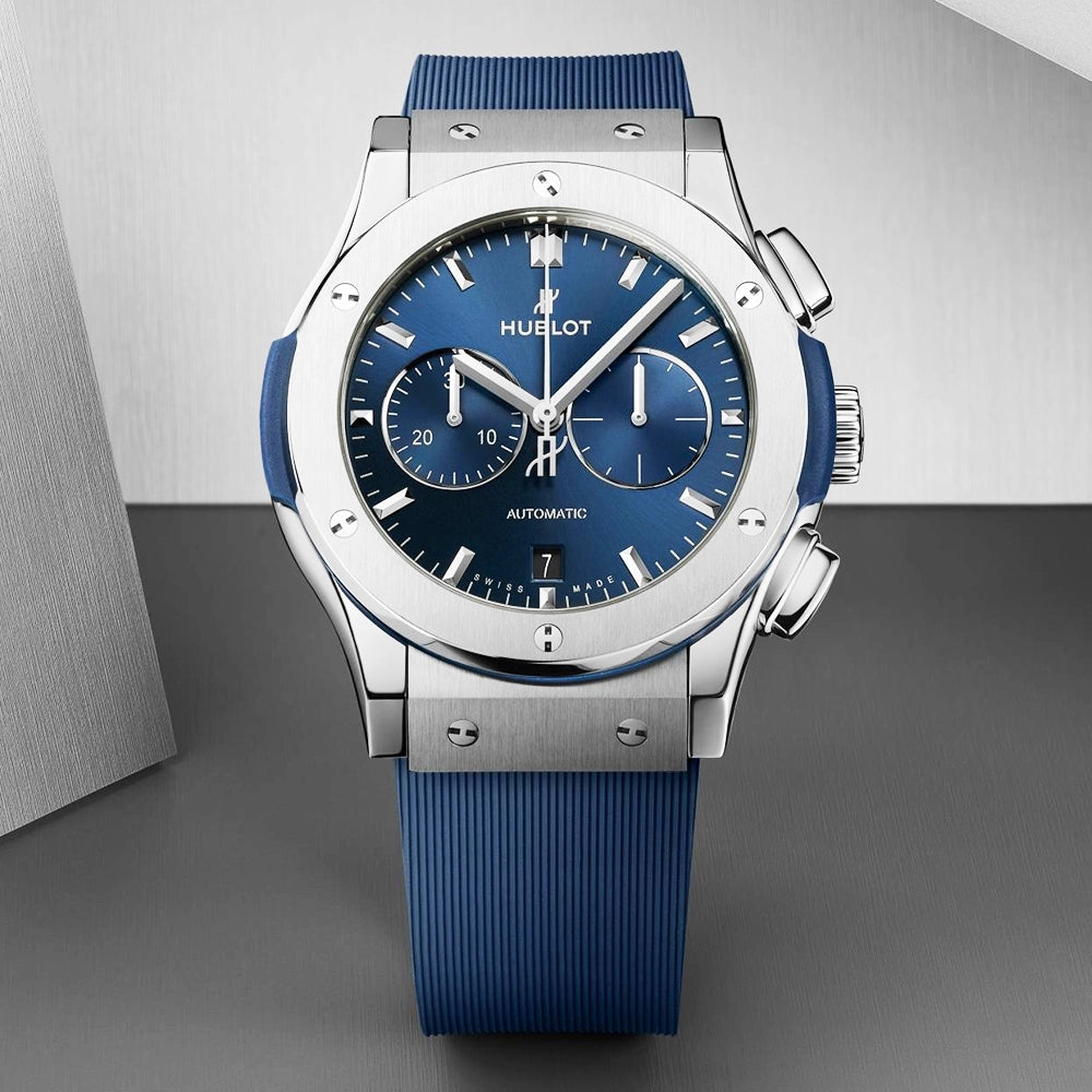 Hublot Classic Fusion Chronograph Titanium 42mm Blue Dial Strap Watch - Berry's Jewellers