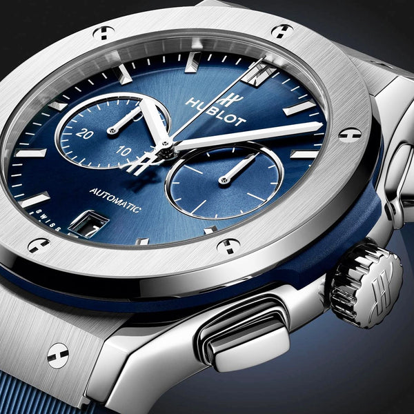 Hublot Classic Fusion Chronograph Titanium 42mm Blue Dial Strap Watch - Berry's Jewellers