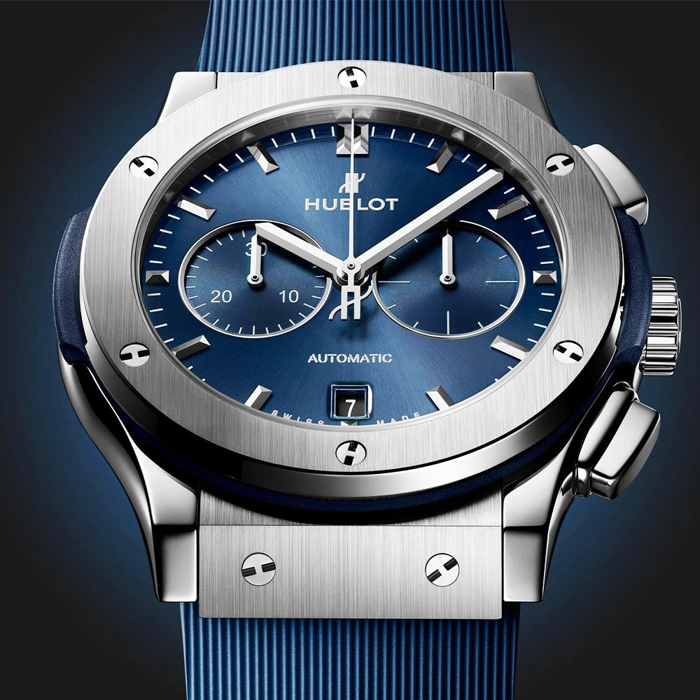 Hublot Classic Fusion Chronograph Titanium 42mm Blue Dial Strap Watch - Berry's Jewellers