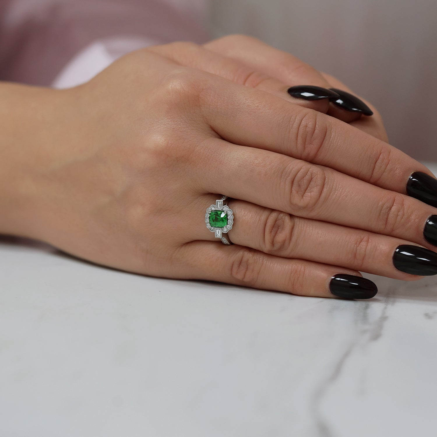 Platinum Cushion Cut Tsavorite And Diamond Cluster Dress Ring