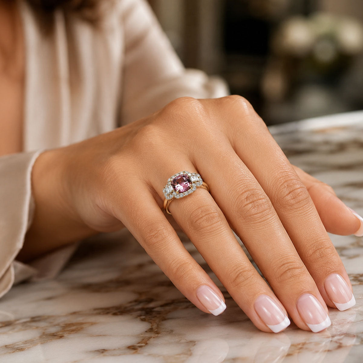 18ct Rose Gold Cushion Cut Pink Tourmaline And Diamond Halo Dress Ring