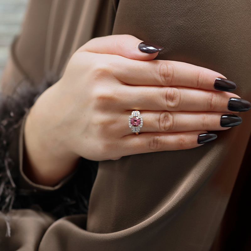 18ct Rose Gold Cushion Cut Pink Tourmaline And Diamond Halo Dress Ring