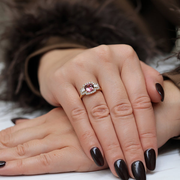 18ct Rose Gold Cushion Cut Pink Tourmaline And Diamond Halo Dress Ring