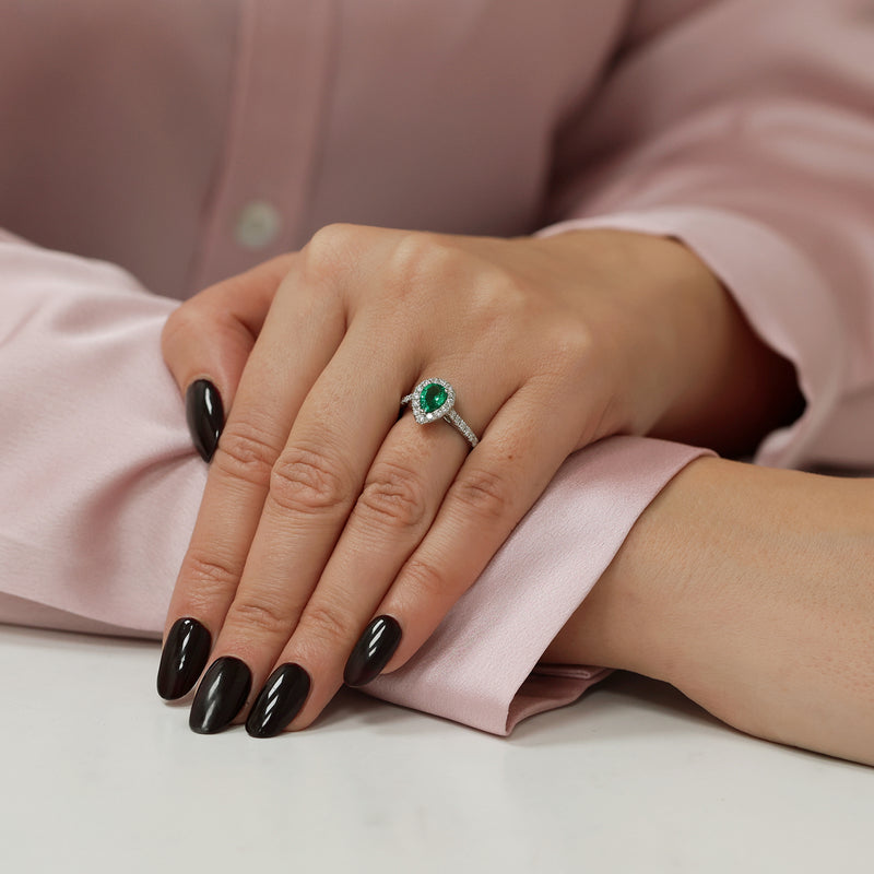 Berry's Platinum Pear Cut Emerald And Diamond Halo Ring - Berry's Jewellers