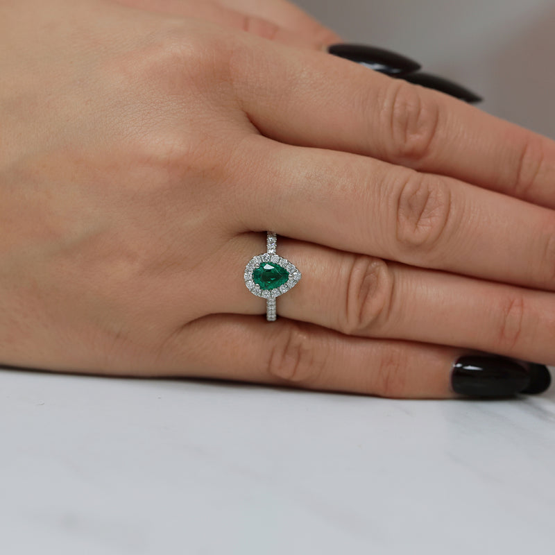 Berry's Platinum Pear Cut Emerald And Diamond Halo Ring - Berry's Jewellers