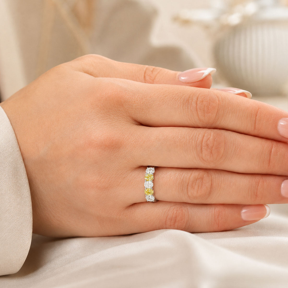 Platinum Oval Diamond And Fancy Yellow Diamond Five Stone Dress Ring