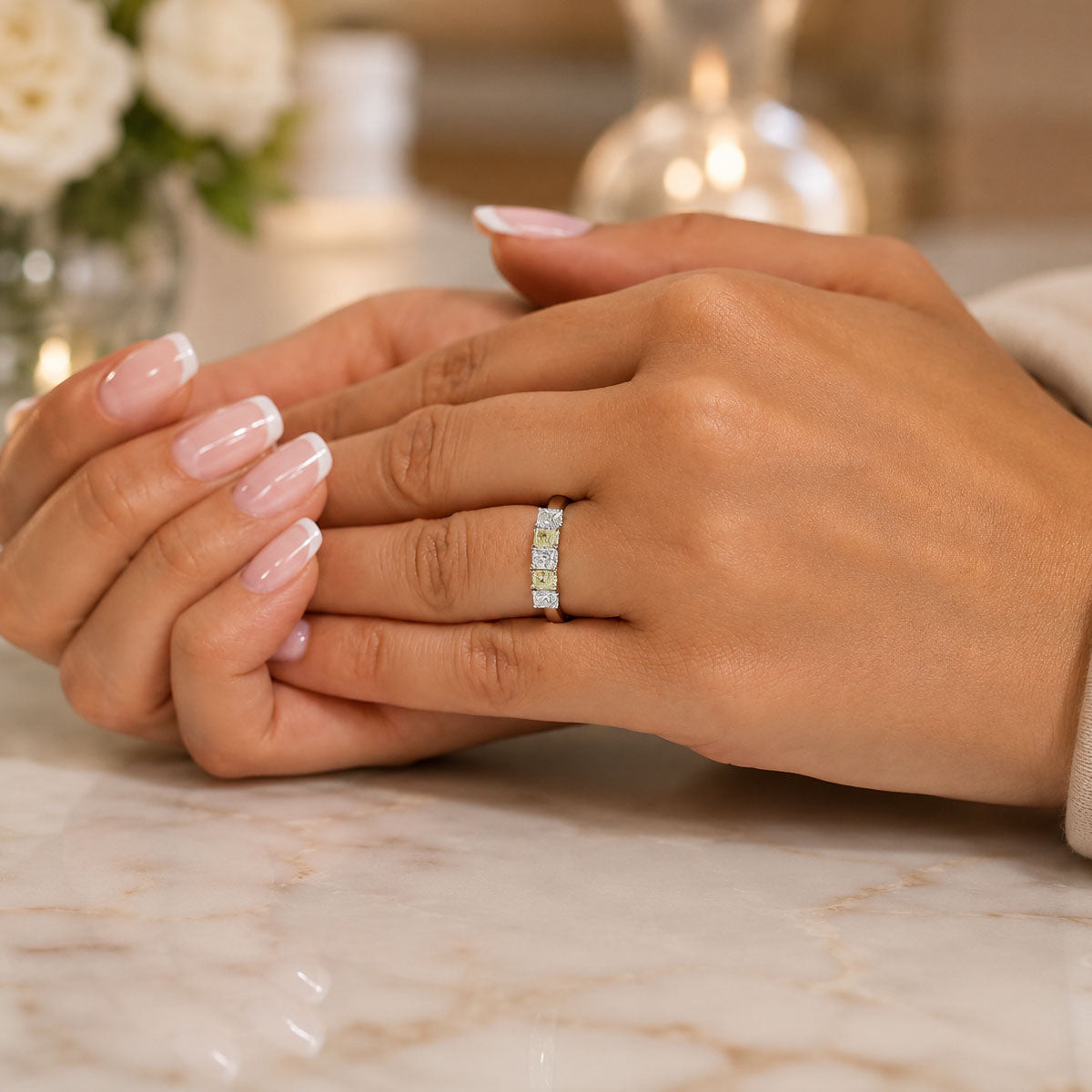 Platinum Radiant Cut Diamond And Yellow Diamond Five Stone Eternity Ring