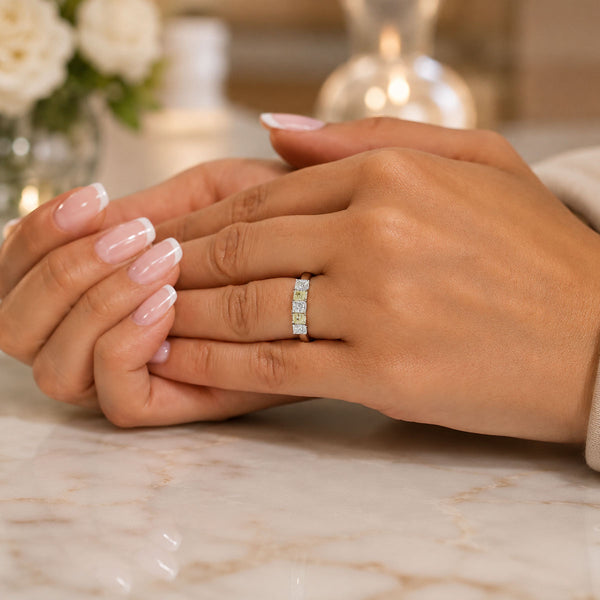 Platinum Radiant Cut Diamond And Yellow Diamond Five Stone Eternity Ring