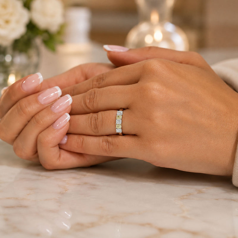 Platinum Radiant Cut Diamond And Yellow Diamond Five Stone Eternity Ring