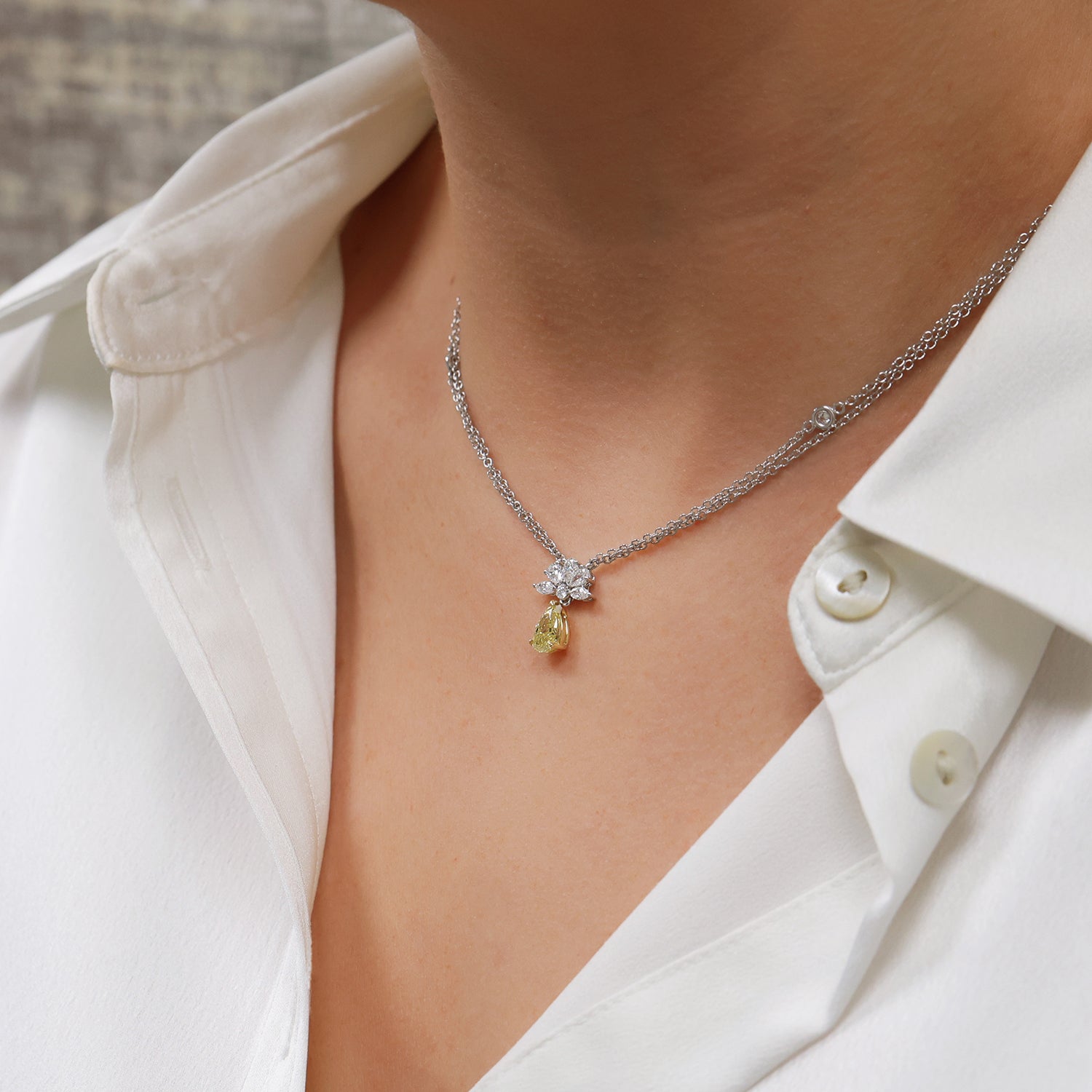 Berry's 18ct White Gold Pear Cut Yellow And White Diamond Floral Cluster Pendant - Berry's Jewellers