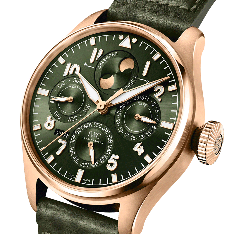 IWC Schaffhausen Big Pilot's 42mm Perpetual Calendar Gold & Green Mens Watch - Berry's Jewellers