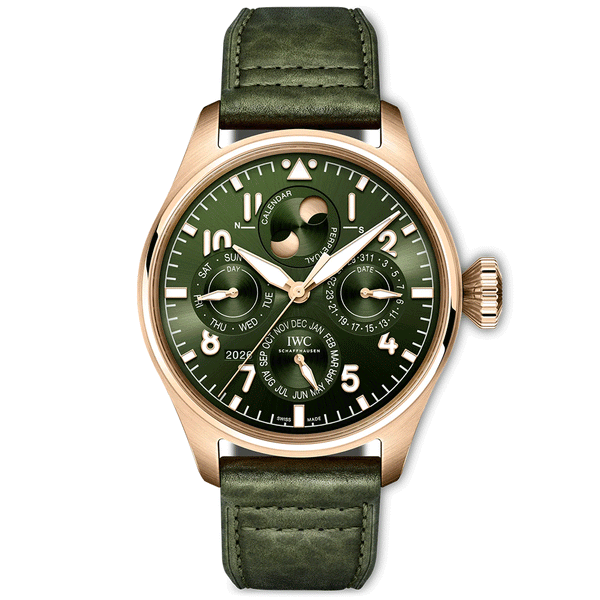 IWC Schaffhausen Big Pilot's 42mm Perpetual Calendar Gold & Green Mens Watch - Berry's Jewellers