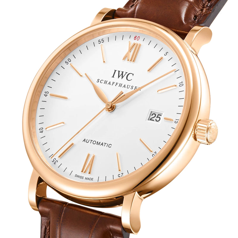 IWC Schaffhausen Portofino 40mm 18ct Red Gold Silver Dial Men's Strap Watch - Berry's Jewellers