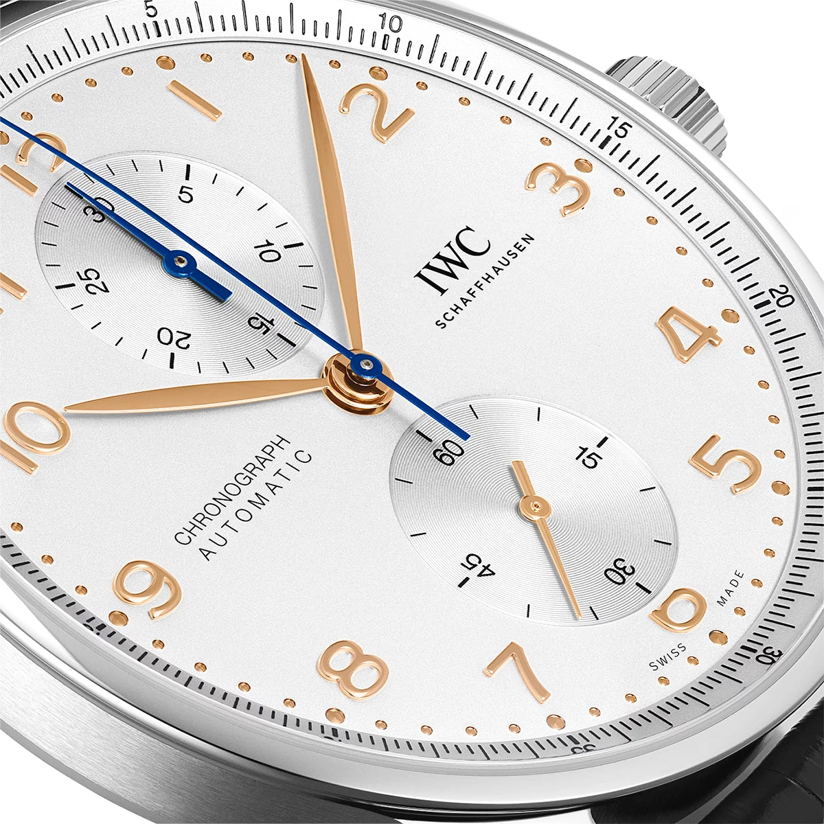 IWC Schaffhausen Portugieser 41mm Silver/Rose Dial Men's Chronograph Strap Watch - Berry's Jewellers