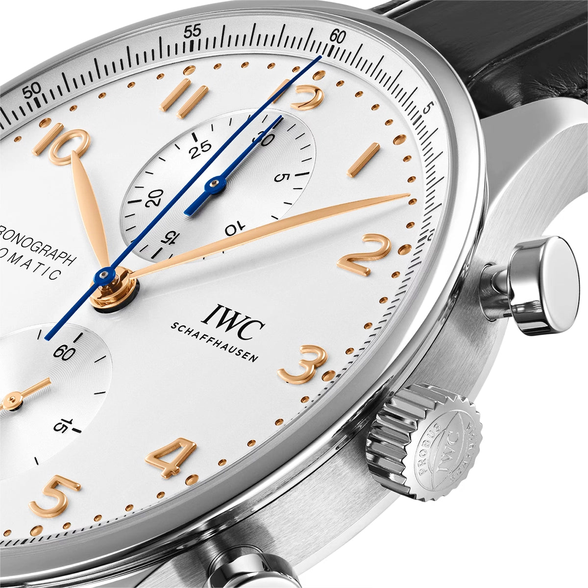IWC Schaffhausen Portugieser 41mm Silver/Rose Dial Men's Chronograph Strap Watch - Berry's Jewellers
