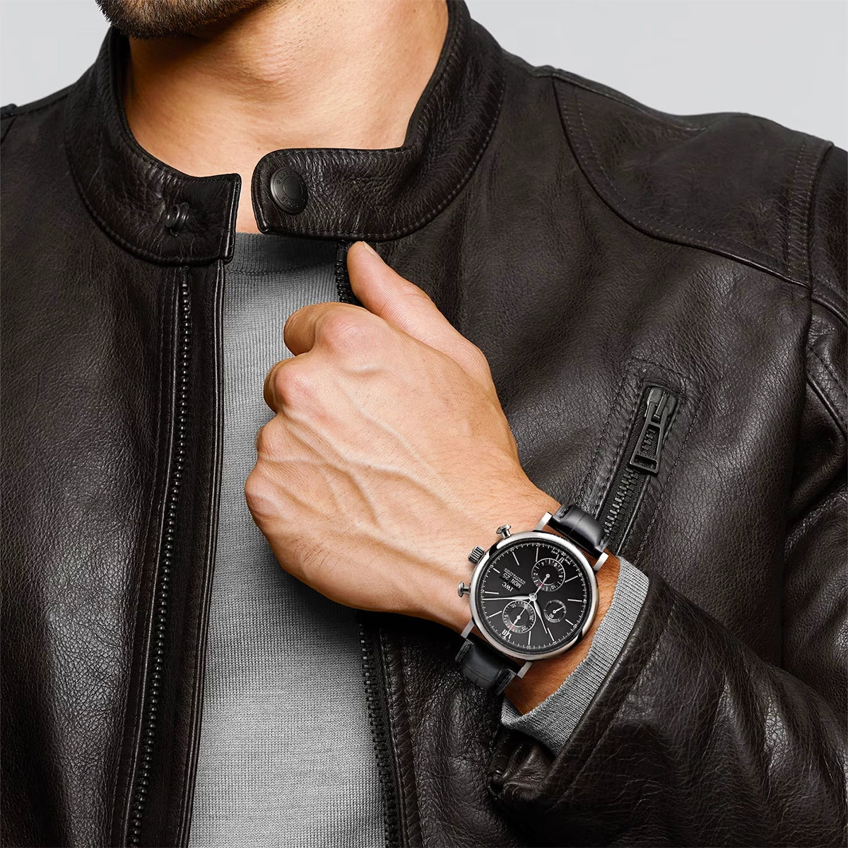 IWC Schaffhausen Portofino 42mm Black Dial Men's Chronograph Leather Strap Watch - Berry's Jewellers