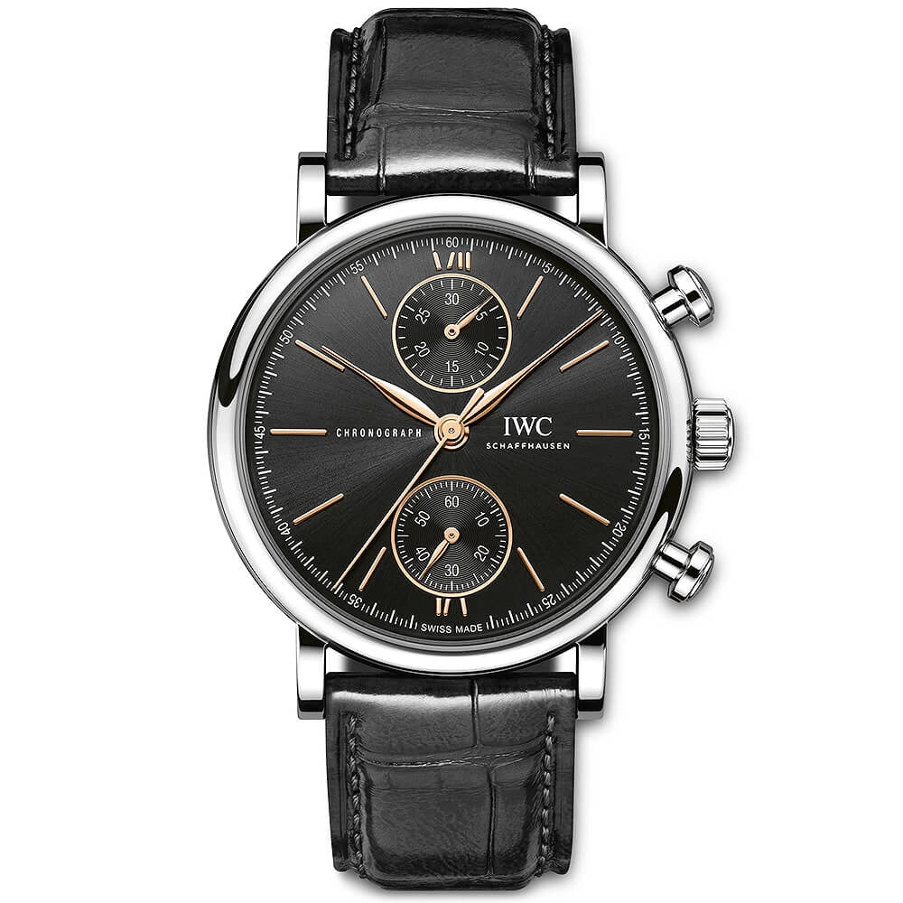 Rose Dial Chronograph Black Leather Strap Watch