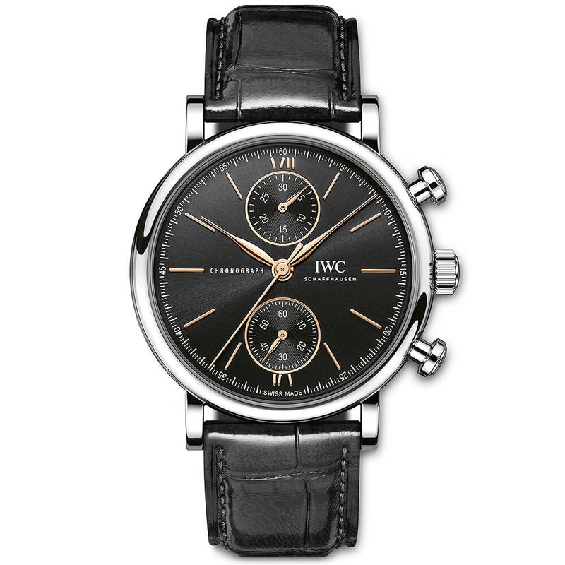 Portofino 39mm Black/Rose Dial Chronograph Black Leather Strap Watch