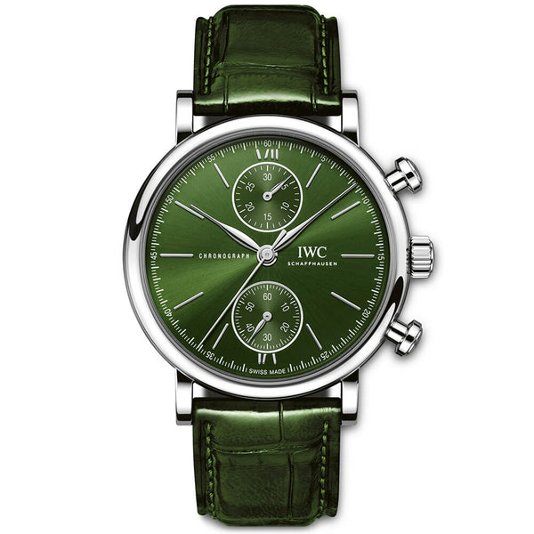 IWC Schaffhausen Portofino 39mm Green Dial Chronograph Leather Strap Watch - Berry's Jewellers