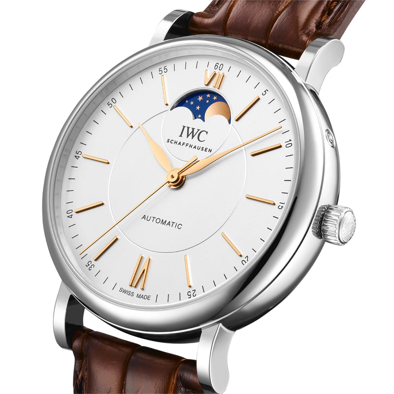 IWC Schaffhausen Portofino Moonphase 40mm Silver/Rose Dial Leather Strap Watch - Berry's Jewellers