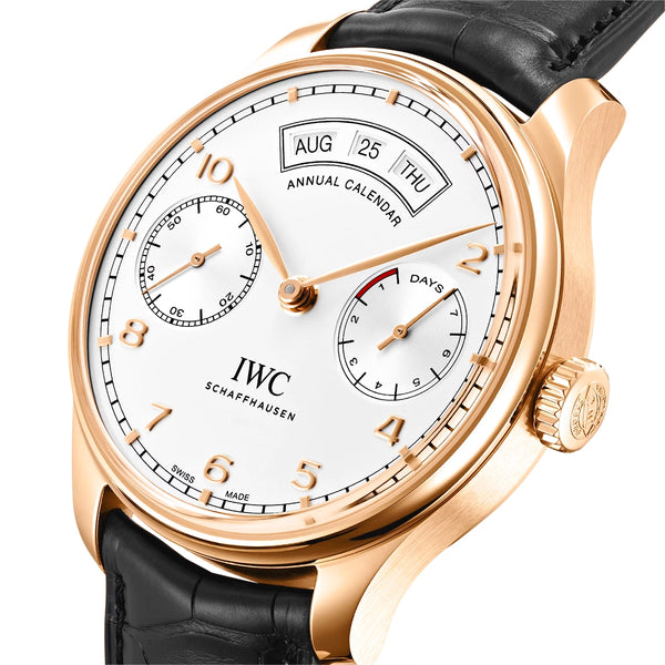 IWC Schaffhausen Portugieser Annual Calendar 44mm 18ct Red Gold Silver Dial Strap Watch - Berry's Jewellers