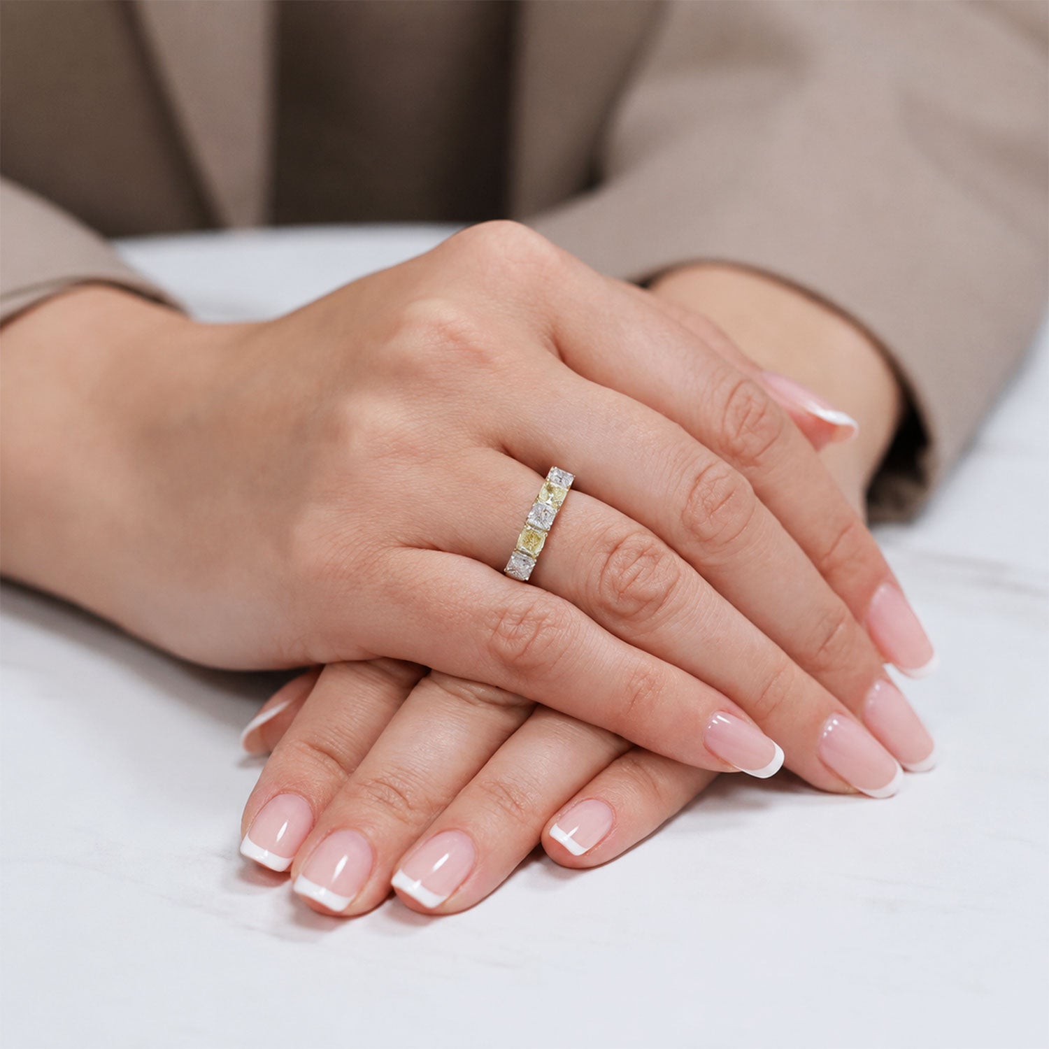 Platinum Cushion Cut Diamond And Yellow Diamond Five Stone Eternity Ring