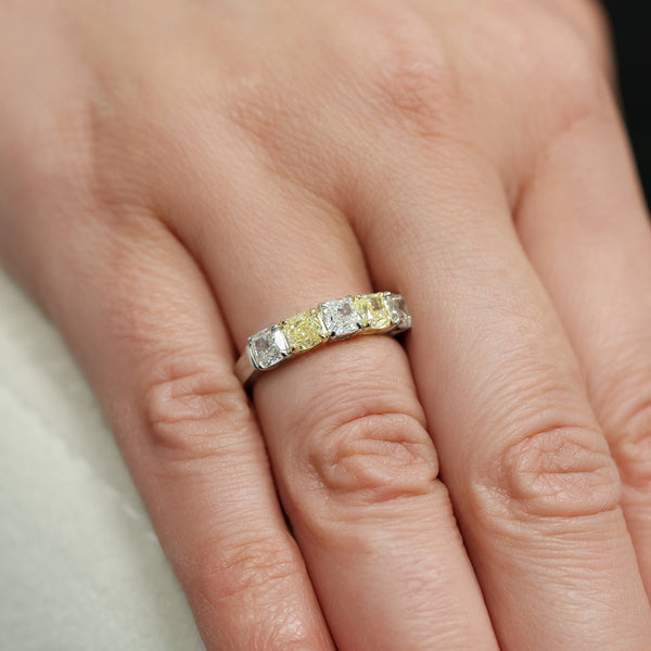 Berry's Platinum Cushion Cut Diamond And Yellow Diamond Five Stone Eternity Ring - Berry's Jewellers