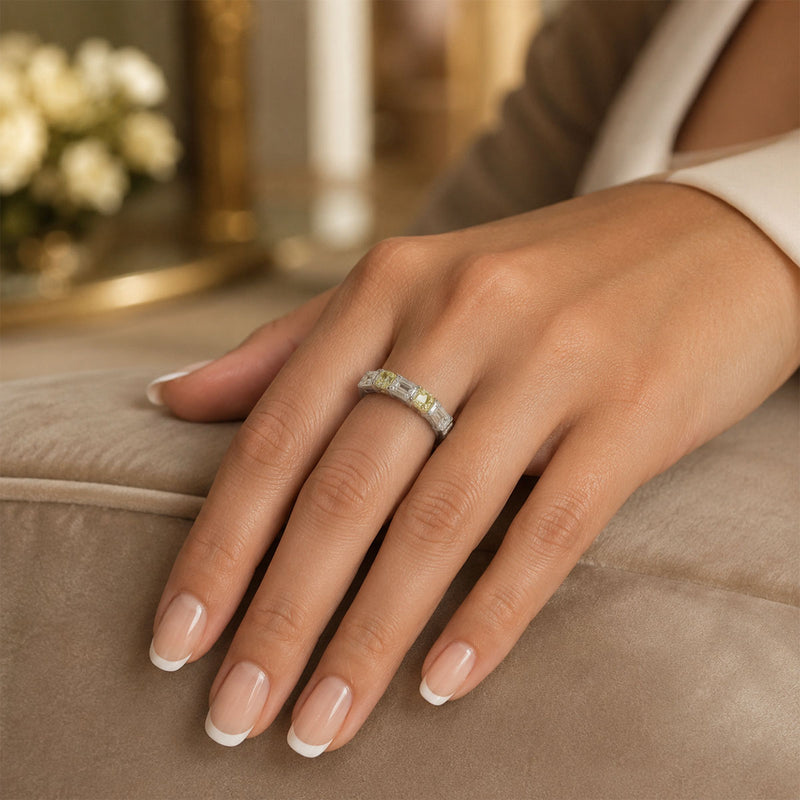 Platinum Emerald Cut Diamond And Cushion Cut Yellow Diamond Eternity Ring