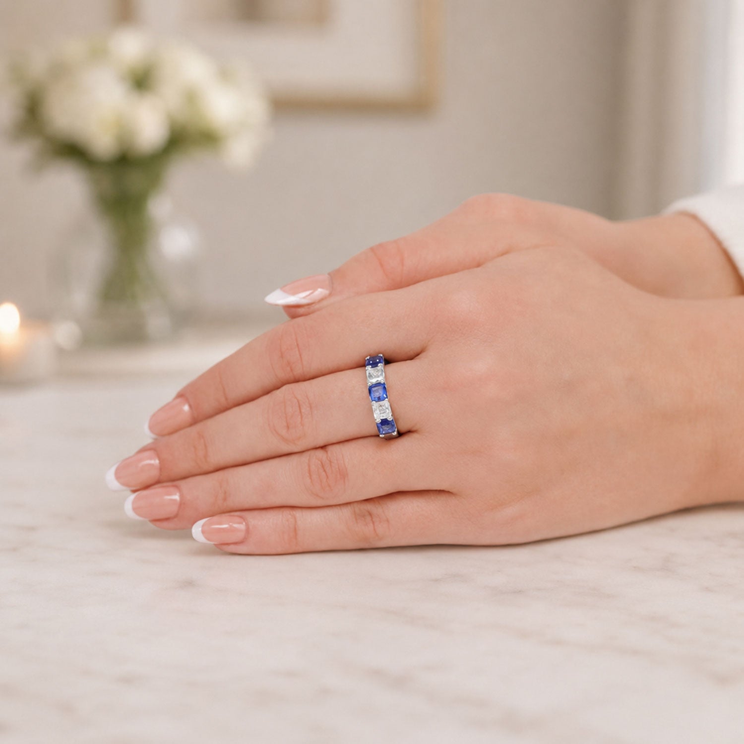 Platinum Asscher Cut Sapphire And Diamond Five Stone Eternity Ring