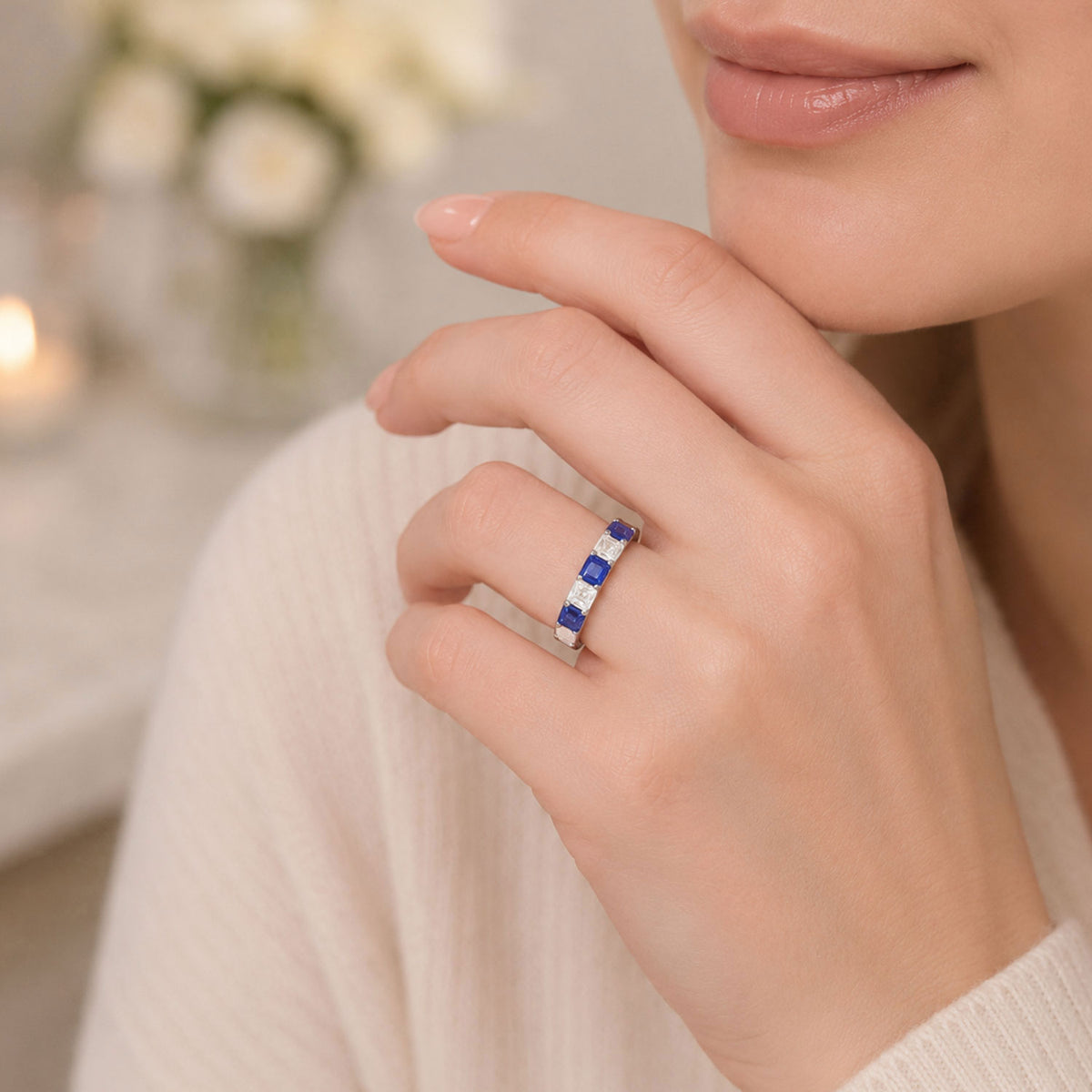 Platinum Asscher Cut Sapphire And Diamond Five Stone Eternity Ring