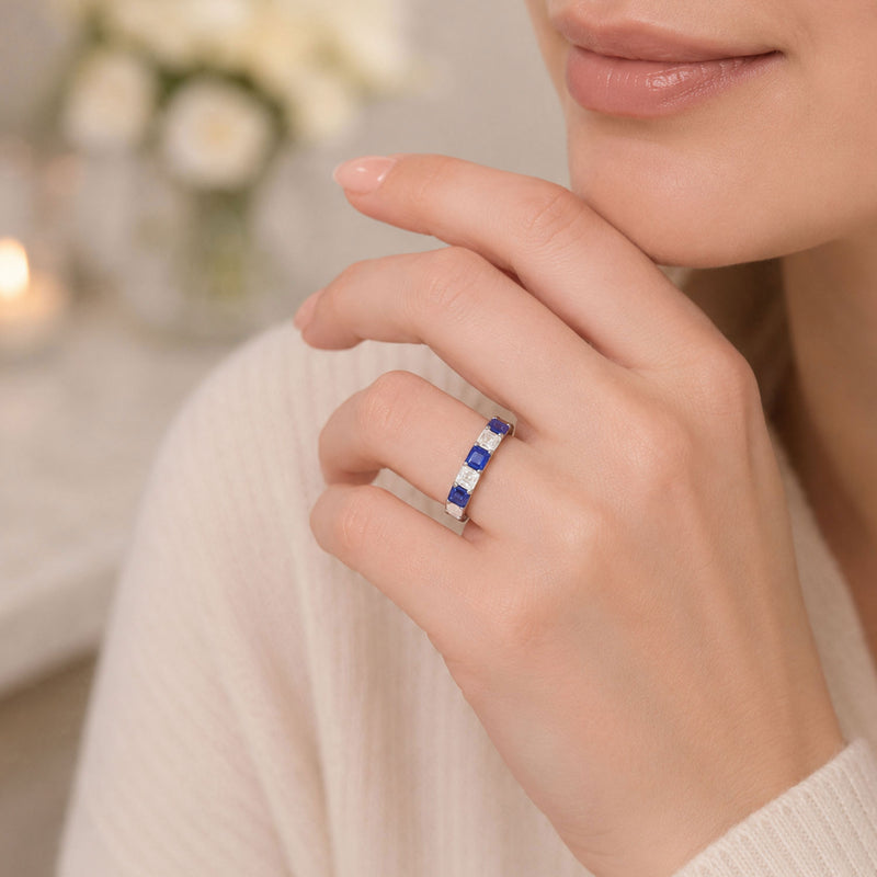 Platinum Asscher Cut Sapphire And Diamond Five Stone Eternity Ring