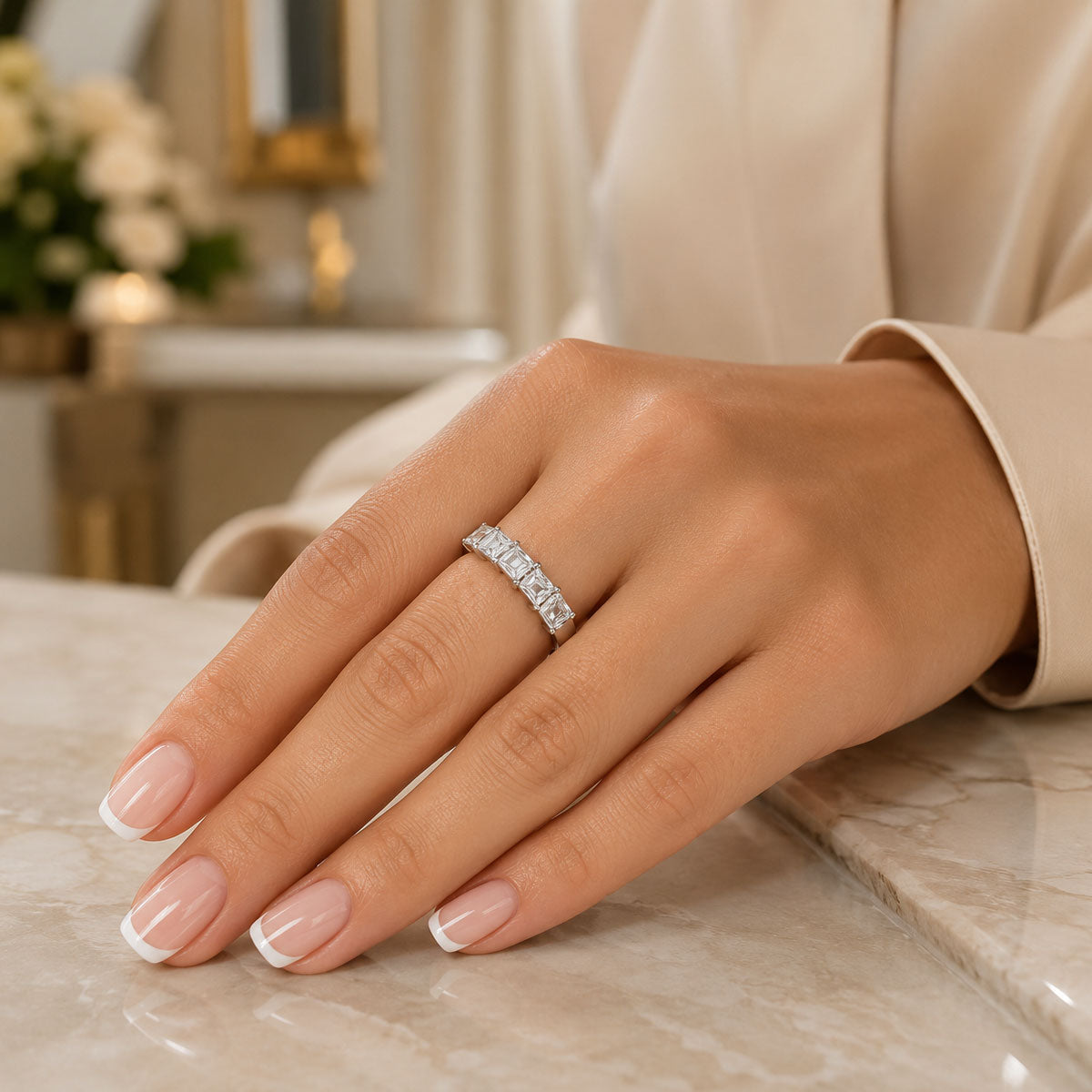 Platinum Asscher Cut Diamond Five Stone Eternity Ring