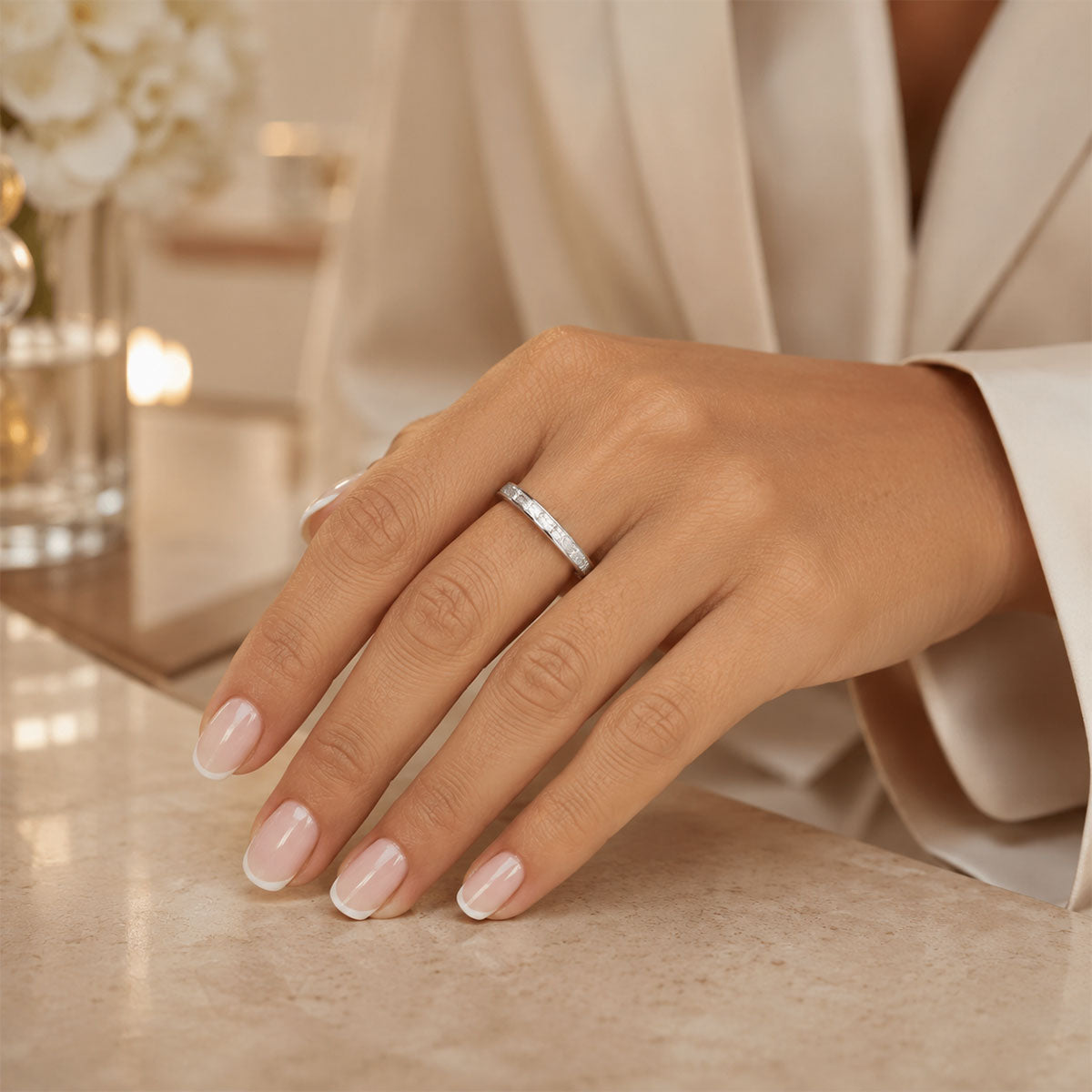 Platinum Emerald Cut Diamond Half Eternity Ring