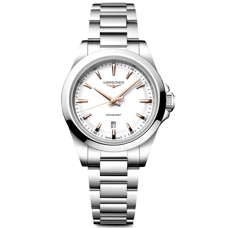 Conquest 30mm White Dial Steel Bracelet Ladies Watch
