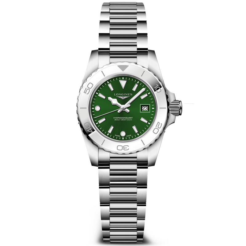 HydroConquest 30mm Green Dial Steel Bracelet Ladies Watch