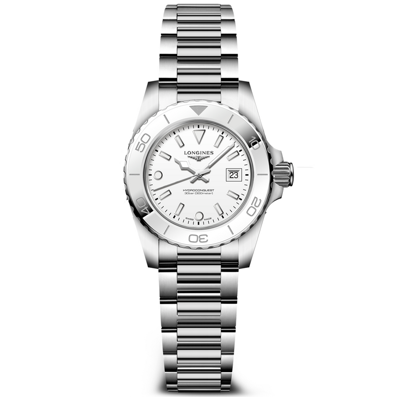 HydroConquest 30mm White Dial Steel Bracelet Ladies Watch