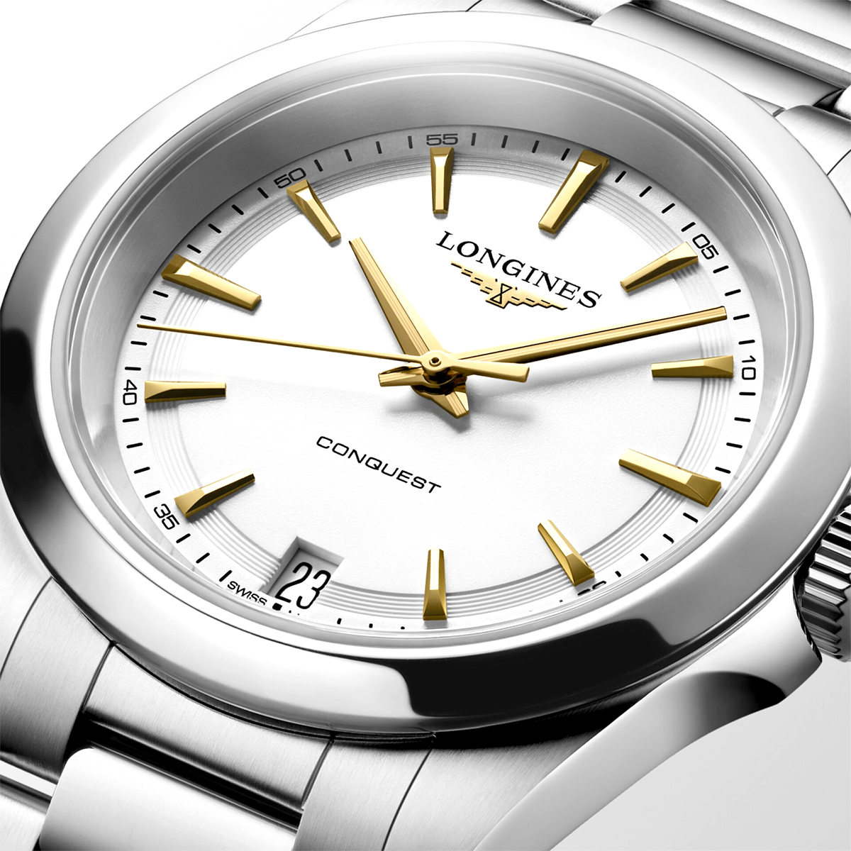 Conquest 34mm Steel White Dial Ladies Bracelet Watch