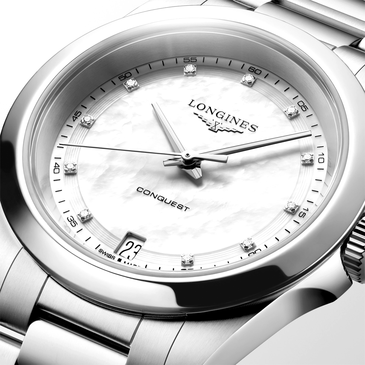 Conquest 34mm White Mother of Pearl Diamond Set Dial Ladies Watch