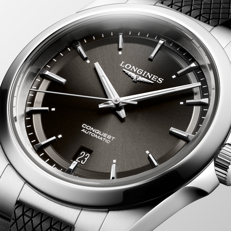 Conquest 38mm Black Dial Automatic Rubber Strap Watch