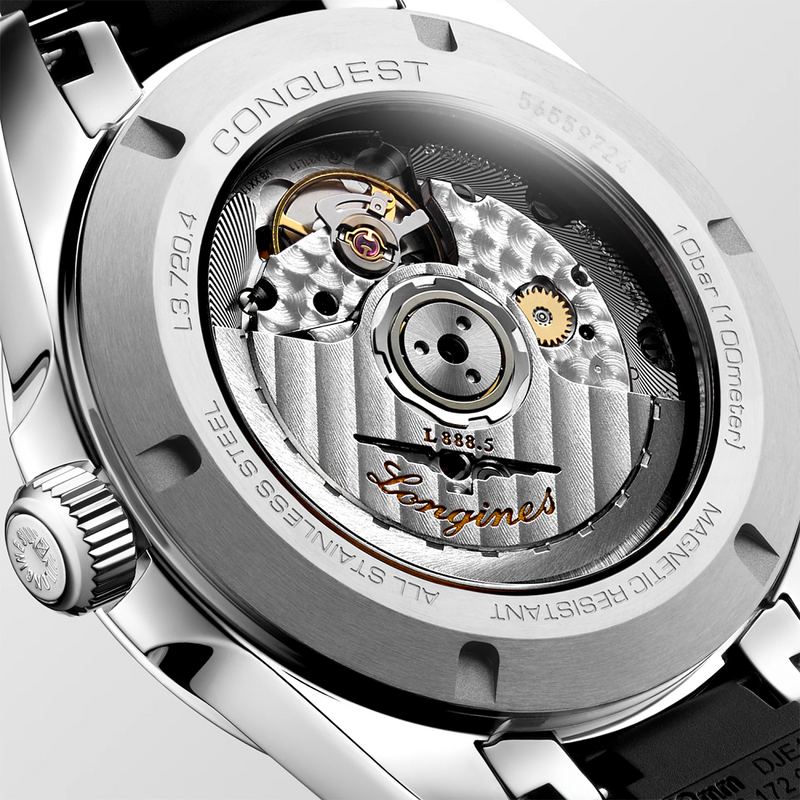 Conquest 38mm Black Dial Automatic Rubber Strap Watch