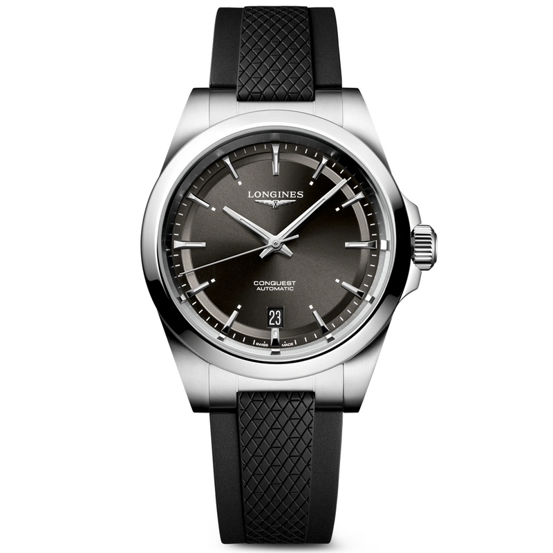 Conquest 38mm Black Dial Automatic Rubber Strap Watch