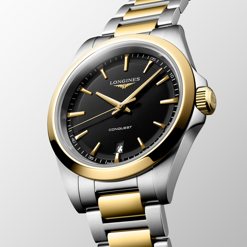 Conquest 38mm Black Dial Steel and Yellow Gold Bracelet Watch