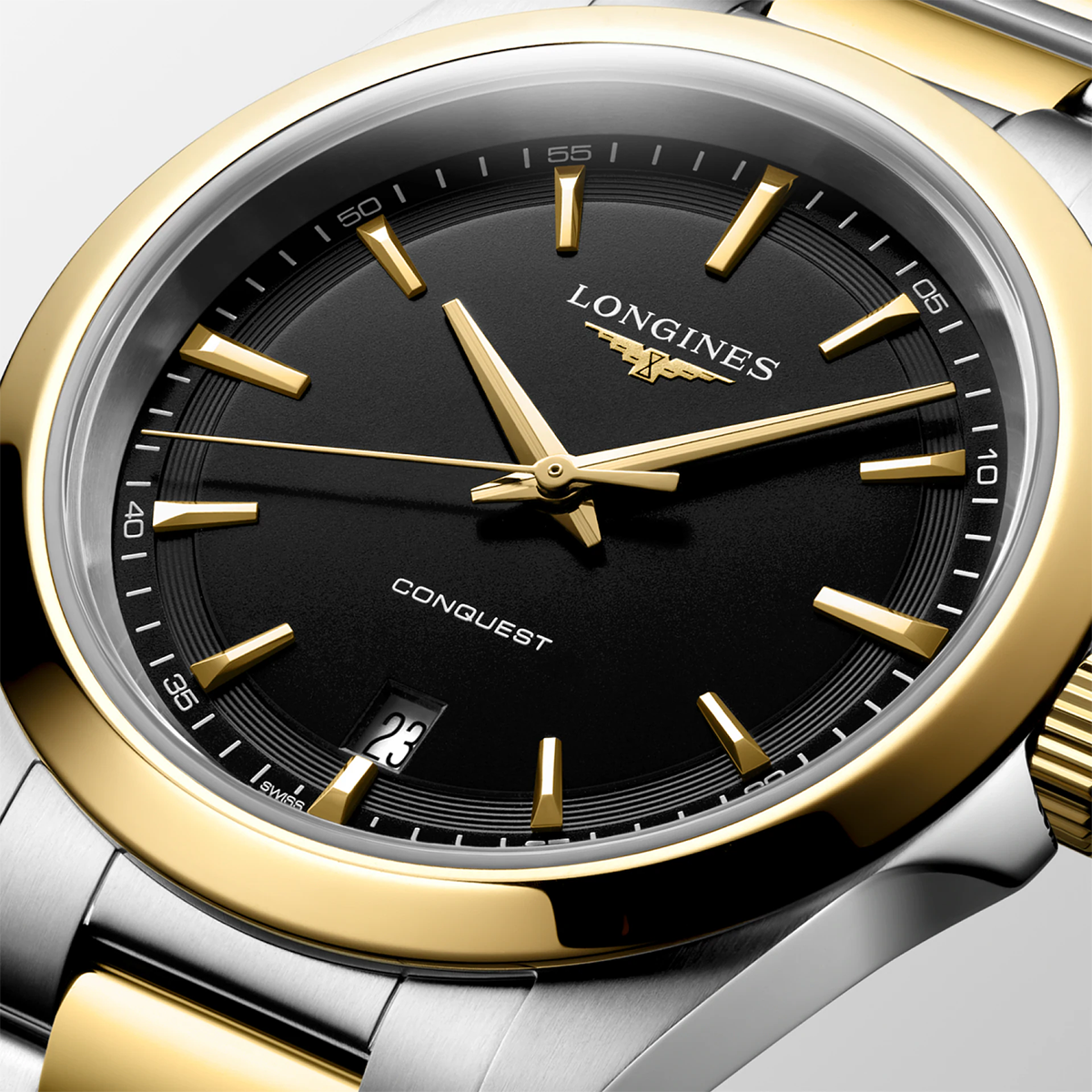 Conquest 38mm Black Dial Steel and Yellow Gold Bracelet Watch