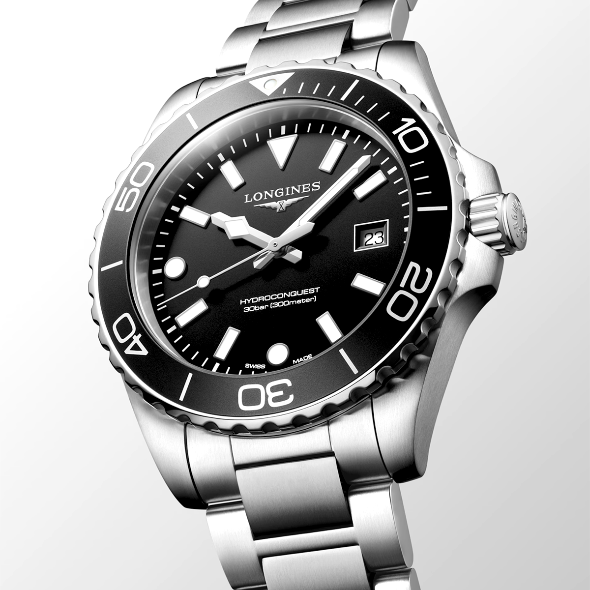 HydroConquest 42mm Black Dial Steel Bracelet Mens Watch
