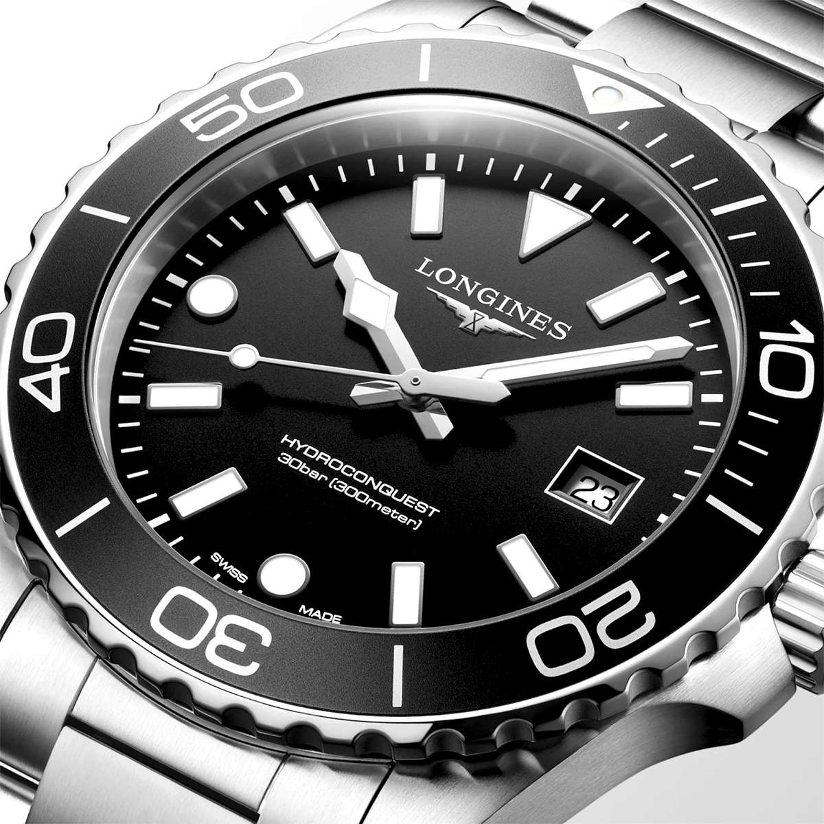 HydroConquest 42mm Black Dial Steel Bracelet Mens Watch