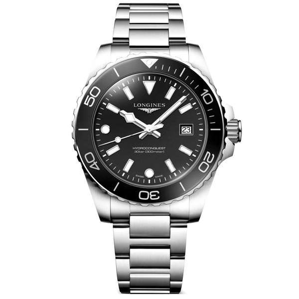 HydroConquest 42mm Black Dial Steel Bracelet Mens Watch